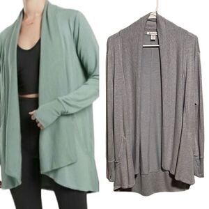 ATHLETA- Pranayama Wrap Cardigan Heather Blue Thumbholes Long Sleeved Small TALL